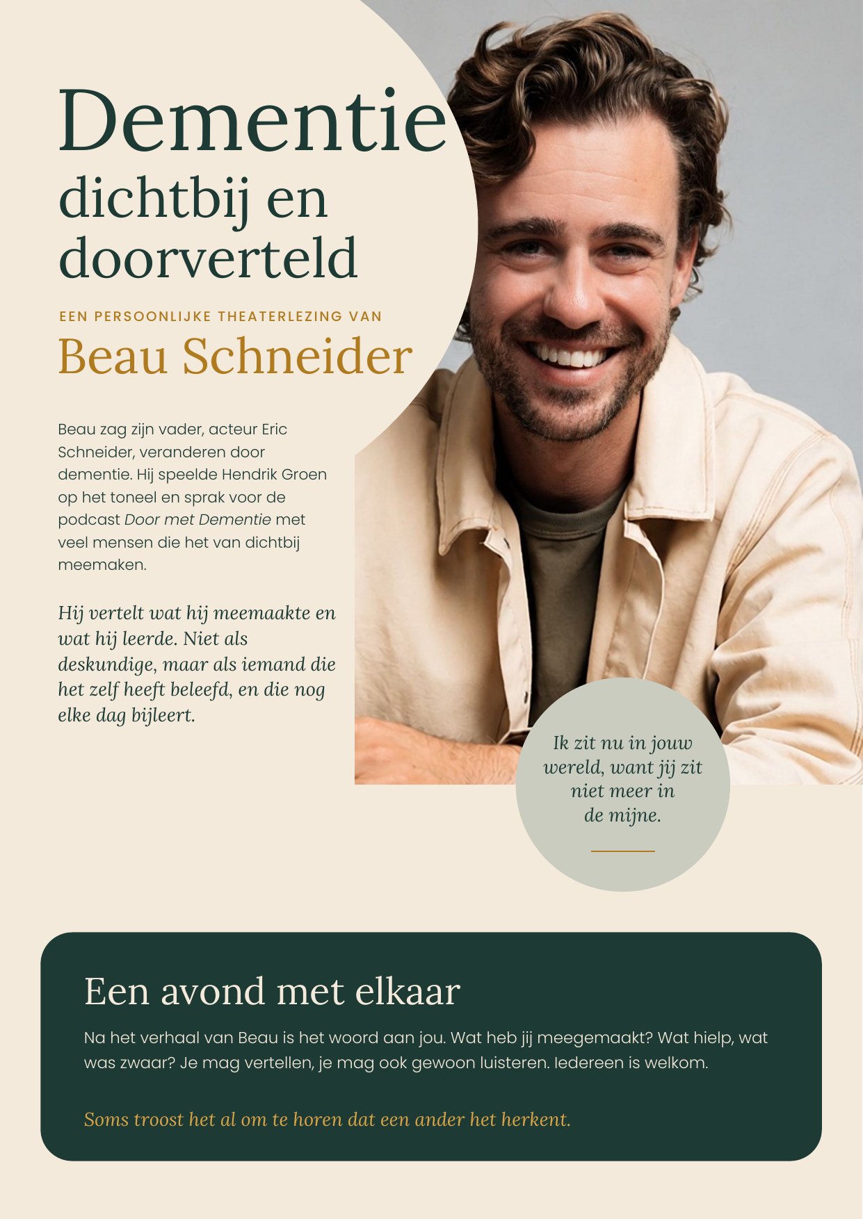 Affiche van Dementie dichtbij en doorverteld, met een portret van Beau Schneider en de uitnodiging Een avond met elkaar